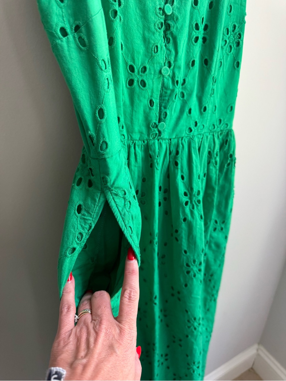 J. Crew Emerald Green Eyelet Midi Dress with Ruffle Sleeves Wedding Garden Party - Picture 7 of 10